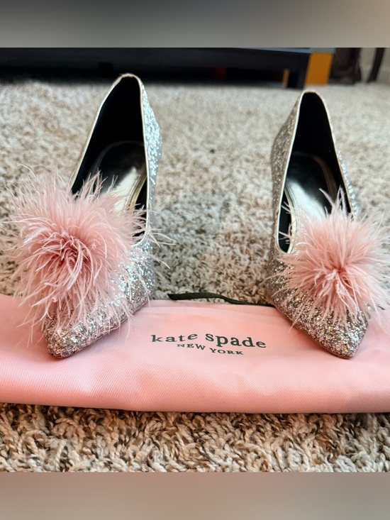 kate spade Shoes - kate spade Silver Glitter Pointed Pumps with Pink Feather Poms